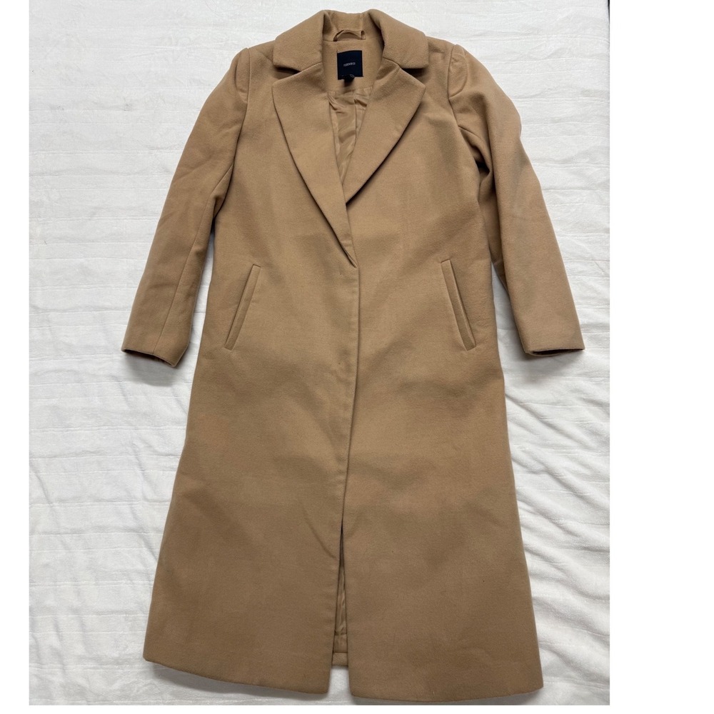 Forever 21 Camel‎ Tan Long Wool Blend Overcoat Womens Medium Lapel Collar